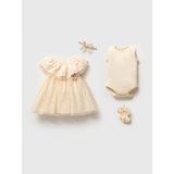 Noynoy Bebek Bebikim 4’lü Kız Bebek Mevlüt ve Özel Gün Takımı - Dantelli Elbise & Bandana Set 3-6 Ay - 3 - 6 Ay - Krem