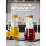 NPCQUN Bambu Kapaklı Vakumlu Borosilikat 3'lü Set Cam Yağdanlık Yağlık Sirkelik Bambu Altlık - Şeffaf - 900 ml