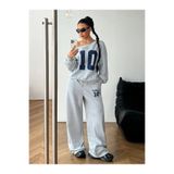 npLStore Kadın Gri 10 Baskılı Kayık Yaka Sweatshirt Beyaz Bel Detaylı Eşofman Altı İkili Alt Üst Takım