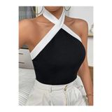 npLStore Kadın Siyah Kolsuz Önden Çapraz Askılı Crop Bluz