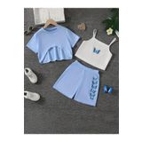 npLStore Kız Çocuk Mavi Kelebek Baskılı Crop T-shirt -Şort Takım
