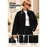 NQX PULL PROFESSIONAL Kadın Oversize Bomber Ceket Trençkot – Deri Yaka Detaylı Fermuarlı Çift Cepli Kısa Mevsimlik Ceket