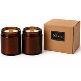 NS-era 2'li Paçuli Vanilya Kokulu Mum Seti Toplam 420 ml (260 gr) - Ahşap fitil, Amber Cam Kavanoz, Uzun Yanma Süresi, Dekoratif ve Hediye Kutulu