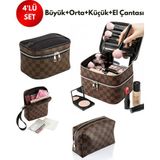 NS Reliable 4’lü Set Makyaj ve Kozmetik Seyahat Çantası - Su Geçirmez Düzenleyici Valiz Içi Organizer-Kahve Dama - Kahverengi - Açık Bej