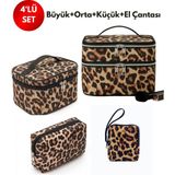 NS Reliable 4’lü Set Makyaj ve Kozmetik Seyahat Çantası - Su Geçirmez Düzenleyici Valiz Içi Organizer Leopar - Leopar Desenli