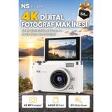 NS Store 4K Dijital Fotoğraf Makinesi 48MP Flip Ekranlı Vlog Kamerası Flaşlı Selfie Video Çekim