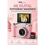 NS Store 4K Ultra HD Dijital Fotoğraf Makinesi 48MP Flip Ekranlı Vlog Kamera Pembe SD Kartlı