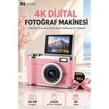 NS Store 4K Ultra HD Dijital Fotoğraf Makinesi 48MP Flip Ekranlı Vlog Selfie Kamera Pembe 8X Zoom