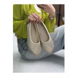Nstil Günlük Altın Kadın Babet Oval Burun Gümüş Taşlı Saten Ortopedik Hafif Ev Iş Ofis Ayakkabı 38