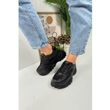Nstil Günlük Kadın Siyah Sneaker Kalın Yüksek Taban Bağcıklı Rahat Tiger Şeritli Spor Ayakkabı 032