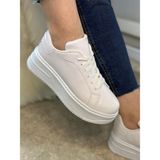 Nstil Günlük Kadın Sneaker Bağcıklı Hafif Kalın Yüksek Tabanlı Leopar Detaylı Yürüyüş Spor Ayakkabı 065 - Beyaz
