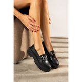 Nstil Günlük Siyah Kadın Oxford Loafer Klasik Kalın Taban Platin Tokalı Oval Burun Makosen Ayakkabı 430