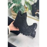 Nstil Günlük Taşlı Kadın Bot Bağcıklı Oval Burun Rahat Hafif Yüksek Topuk Tırtıklı Kalın Taban Bootie 441 - Siyah