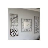 NT Handmade Gümüş Pleksi Aynalı Dekoratif Duvar Saati ve 3 lü Mdf Tablo Seti Duvar Dekoru