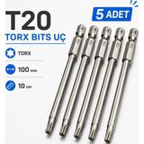 Nt Probits (5 Adet) Manyetik S2 Torx T20 Bits Uç 100 mm Uzun Tornavida Matkap Vidalama Manyetik Vidalama Ucu - Gri