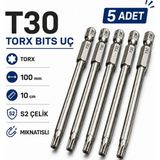 Nt Probits (5 Adet) Manyetik S2 Torx T30 Bits Uç 100 mm Uzun Tornavida Matkap Vidalama Manyetik Vidalama Ucu - Gri