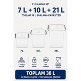 Nuaen 3’lü 7+10+21 Litre Şeffaf Kilitli Erzak, Gıda ve Mama Saklama Kutusu Seti