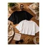 NUATEX Kadın Oversize Crop Tişört İkili Paket Siyah Beyaz Pamuklu