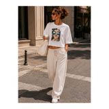 NUATEX Queen Baskılı Oversize Crop Kadın Tişört Günlük Şık Sokak Stili