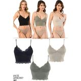 Nuitamore 3'lü Crop Takım Askılı Dantelli Pedli Büstiyer Bluz - Siyah - Haki - Ten