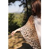 NuN Alaz, Beyaz Şifon Kaftan Elbise, Leopar Desenli, Plaj Kıyafeti, Bohem Tarzı Yazlık Giyim
