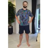 Nur Aka by Nurteks Erkek Desenli Lacivert Yakası Düğmeli Büyük Beden Pijama Takımı