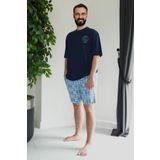 Nur Aka by Nurteks Erkek Madalyon Baskılı Lacivert Büyük Beden Pamuk Pijama Takımı