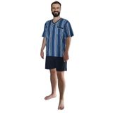 Nur Aka by Nurteks Erkek Mavi Beyaz Çizligi Cep Detaylı Büyük Beden Pijama Takımı