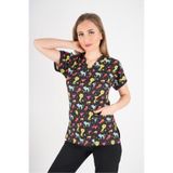 Nur Medikal Giyim Unisex Cool Cats Club Desenli Doktor Hemşire Hastane Aşçı Mutfak Scrubs Tek Üst Üniforma, Siyah, L Beden