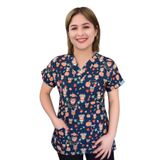 Nur Medikal Giyim Unisex Lacivert Baykuş Desenli Hastane Doktor Hemşire Forması Üst Scrubs, XL