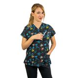 Nur Medikal Giyim Unisex Lacivert Çiçek Desenli Cerrahi Doktor Hemşire Tek Üst Forma, 2XL