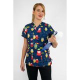Nur Medikal Giyim Unisex Lacivert Yağmur Baykuşlar Temalı Hastane Doktor Hemşire Forması Scrubs Üst, 2XL Beden
