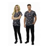 Nur Medikal Giyim Unisex Sevimli Dostlar Desenli Veteriner Doktor Hemşire Cerrahi Scrubs Üniforma Takım - Siyah - XL
