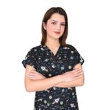 Nur Medikal Giyim Unisex Siyah Gezegen Desenli Pamuklu Master Likra Doktor Hemşire Scrubs Tek Üst Forma, 2XL