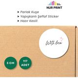Nur Print Yapışkanlı Sticker, Teşekkür Kartı, Yuvarlak Sticker Etiket, Parlak Kuşe, 'with Love' Yazılı - 3 cm