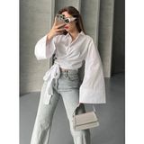 Nura Francy Kadın Trend Modeluzunkolluönden Baglamalı Tesettüre Uygun Gömlek - 001-Beyaz