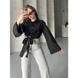 Nura Francy Kadın Trend Modeluzunkolluönden Baglamalı Tesettüre Uygun Gömlek - 001-Siyah