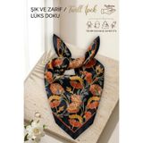 nurfemina Otantik Siyah Kiremit Çiçek Desenli - Twill İpek Dokulu - Çok Amaçlı Kare Bandana Fular Boyun ve Ça