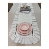 NURGİTA HOME % 100 Pamuk Ham Keten Fisto Fırfırlı Oval Runner Beyaz (45x140)