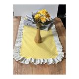 NURGİTA HOME Fırfırlı Fistolu Çiçekli Vintage Duck Keten Runner Sarı Dekoratif örtü 40x110