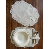 Nurhan Home Collection 2 Adet Çift Sıra Nakışlı Kaşıklıklı Amerikan Servis Supla - 35 x 50 - Ekru - Gümüş