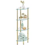 Nurline 4 Raflı Köşe Gold Metal Ayaklı Cam Raf ,Camlı Banyo, Yatak Odası, Ev Ofisi İçin, Temperli Cam,