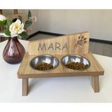 Nursoft Ahşap Kedi Mama Kabı Standı Özel Isim Baskılı Kedi Köpek Su Kabı NR-0093