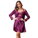 Nurteks Kadın Mor Saten Sabahlık & Gecelik Takım Ip Askılı Dantel Detaylı Kimono Set 5384, Mor, M
