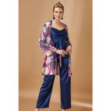 Nurteks Kadın Pijama Takımı, Saten Sabahlıklı, İp Askılı, Lacivert, 2XL Beden