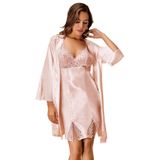 Nurteks Kadın Pudra Gecelik & Sabahlık 2'li Set Gelin Çeyizlik Saten Takım 5325, Pudra, XL