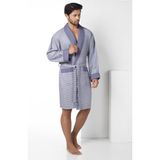 Nuşa Bej Kısa Şalyaka Kareli Pike Bambo Cotton Erkek Sabahlık - 2XL - Füme