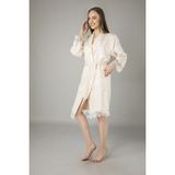 Nuşa Lacivert Saten Bukle Bambu Cotton Bayan Bornozu - M - Krem