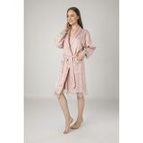 Nuşa Lacivert Saten Bukle Bambu Cotton Bayan Bornozu - M - Pudra