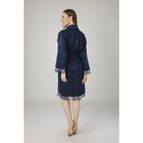 Nuşa Lacivert Saten Bukle Bambu Cotton Bayan Bornozu - XL